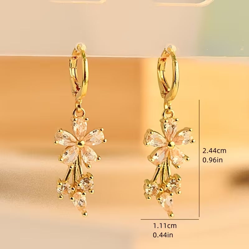 Floral Cubic Zirconia Drop Hook Earrings for Women & Girls