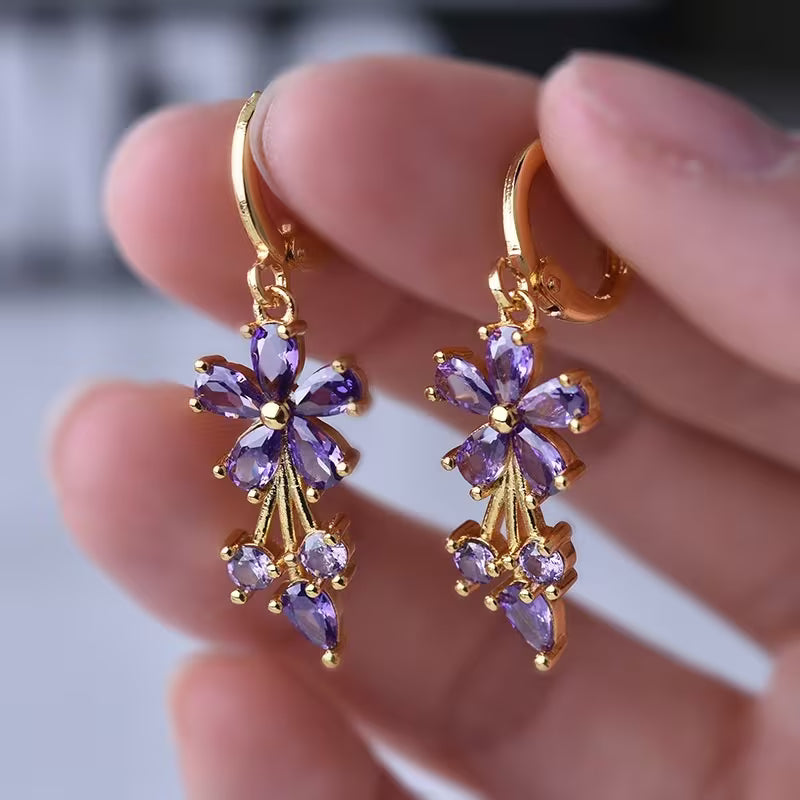 Floral Cubic Zirconia Drop Hook Earrings for Women & Girls