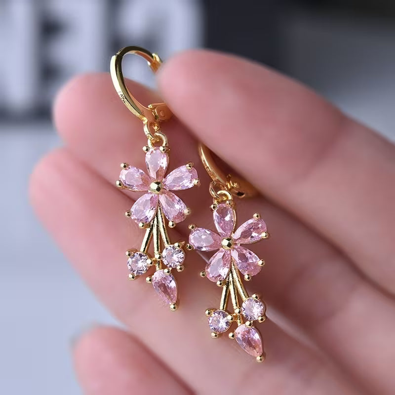 Floral Cubic Zirconia Drop Hook Earrings for Women & Girls