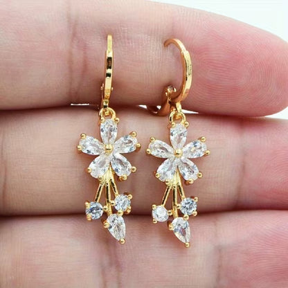 Floral Cubic Zirconia Drop Hook Earrings for Women & Girls