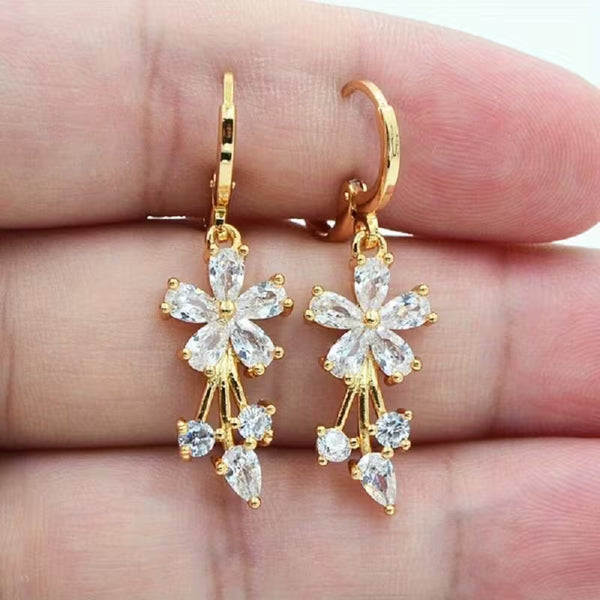 Floral Cubic Zirconia Drop Hook Earrings for Women & Girls